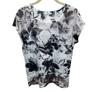 Milano Womens Top Medium Black Gray‎ Floral Lace Detail Short Sleeve